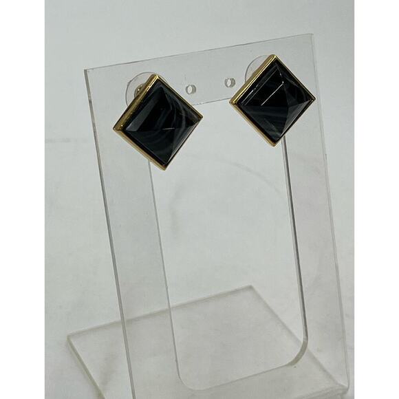 Henri Bendel Gold Plated Black Onyx Pyramid Studs Earrings - Picture 1 of 15